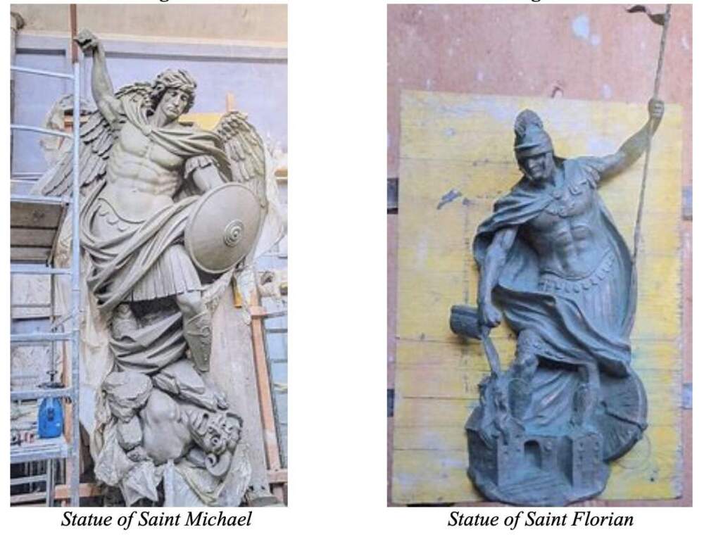 Screenshot from a lawsuit challenging the installation of statues of St. Michael and St. Florian in front of Quincy's new public safety complex. (Source: Norfolk County Superior Court)